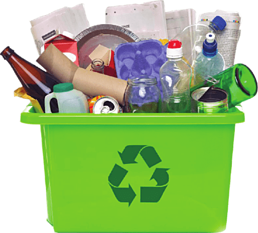 Green recycling bin with mixed recycling inside