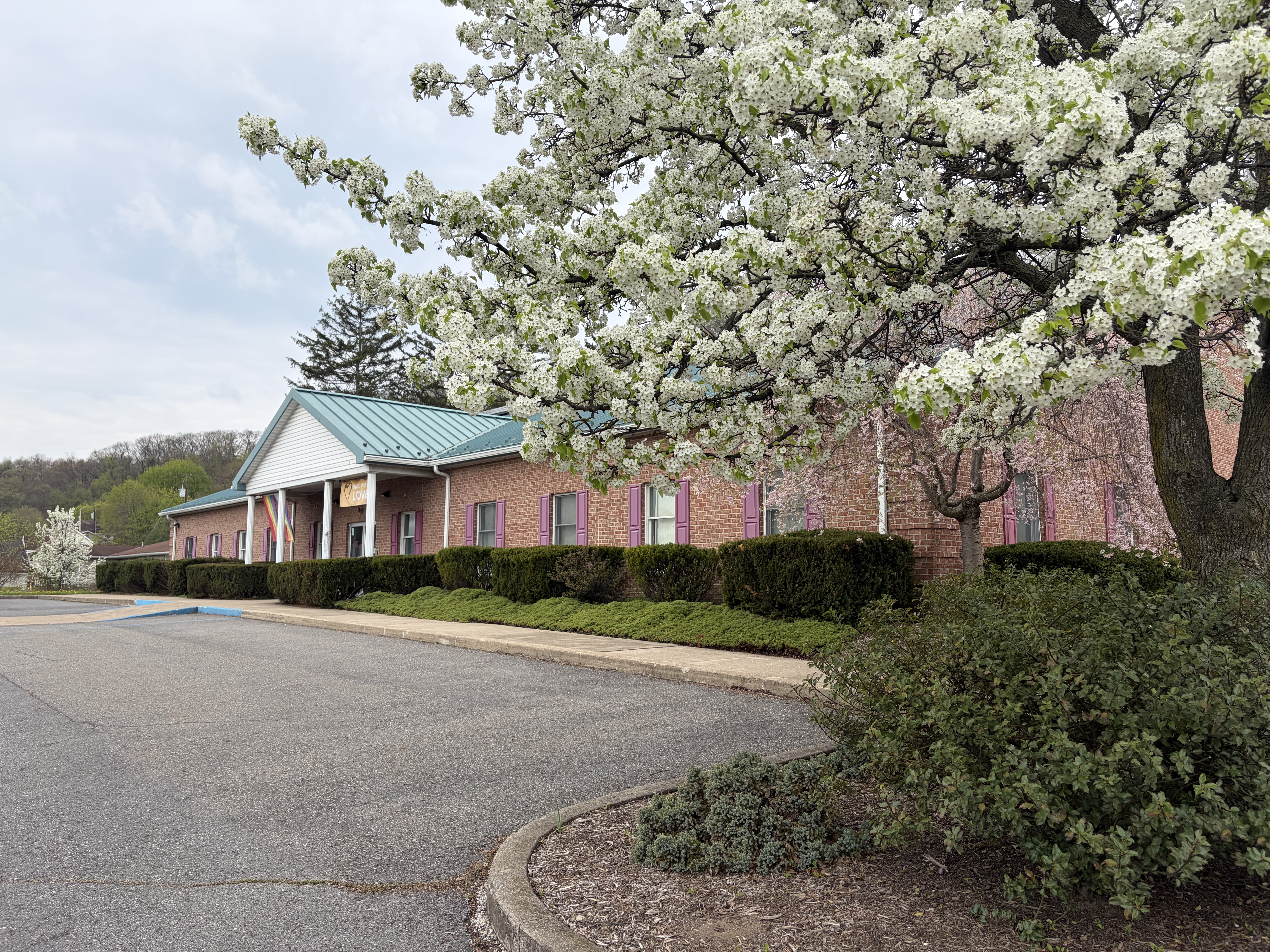 UUCSV building with spring flowering tree